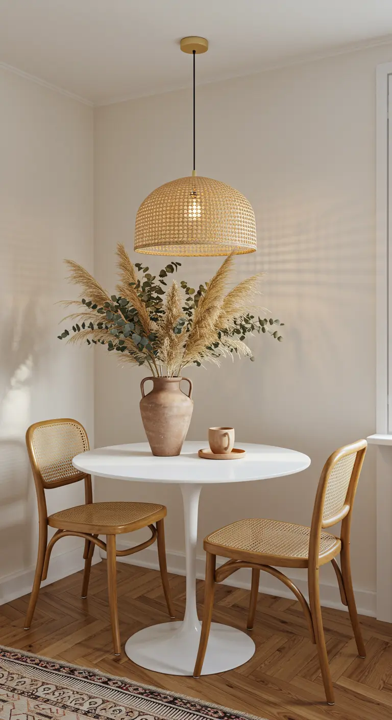 A small white dining table with woven chairs under a large rattan pendant light.