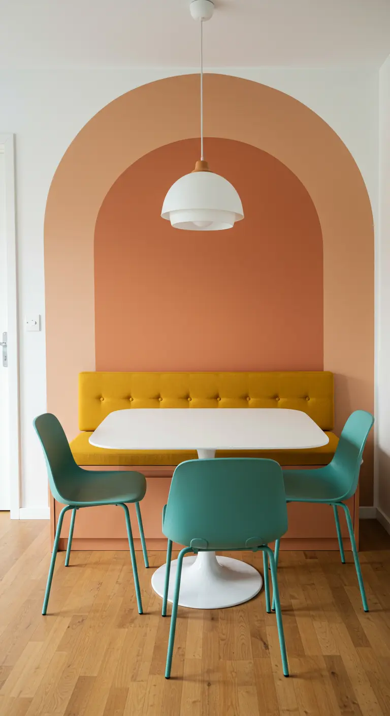 Dining nook defined by a painted terracotta arch, a mustard banquette, and teal chairs.