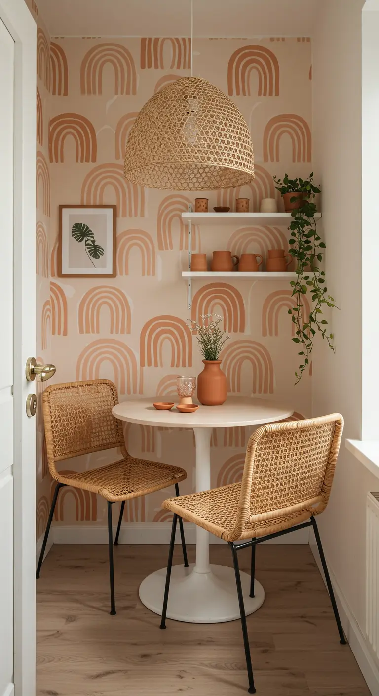 Small dining nook with terracotta rainbow wallpaper, a rattan pendant light, and two cane chairs.