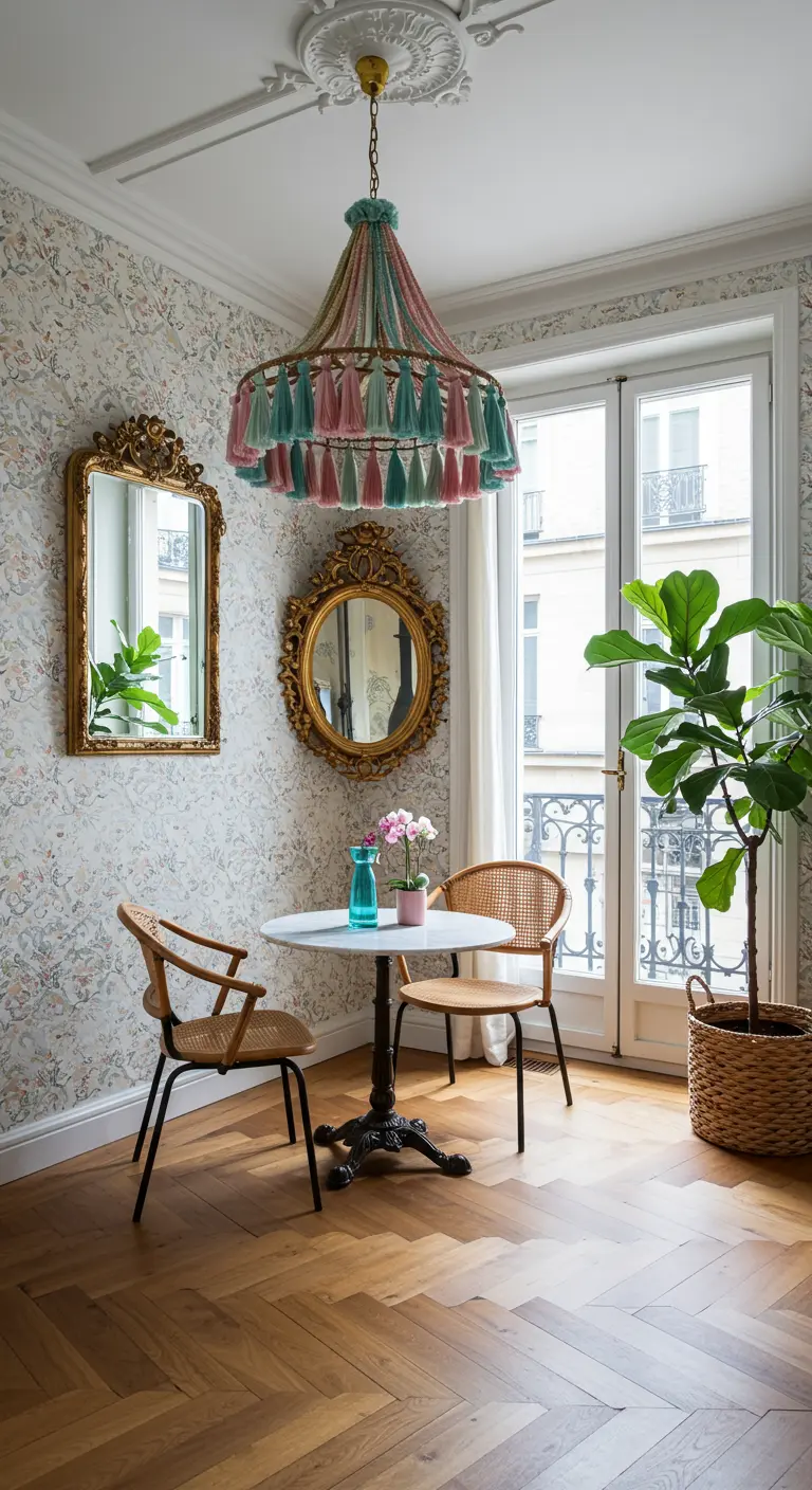Parisian-style breakfast nook with a pastel tassel chandelier and ornate gold mirrors.