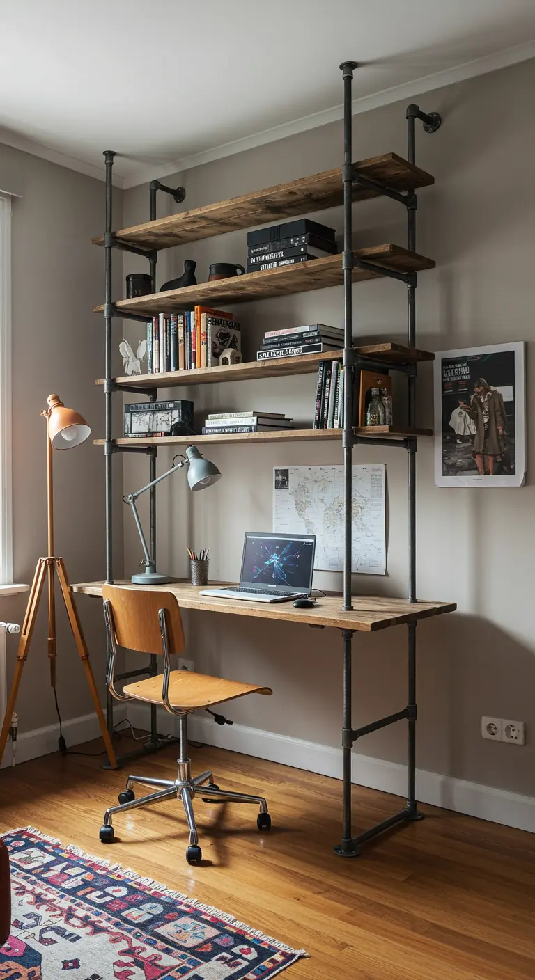 A home office with an industrial pipe shelving unit that incorporates a wooden desk.