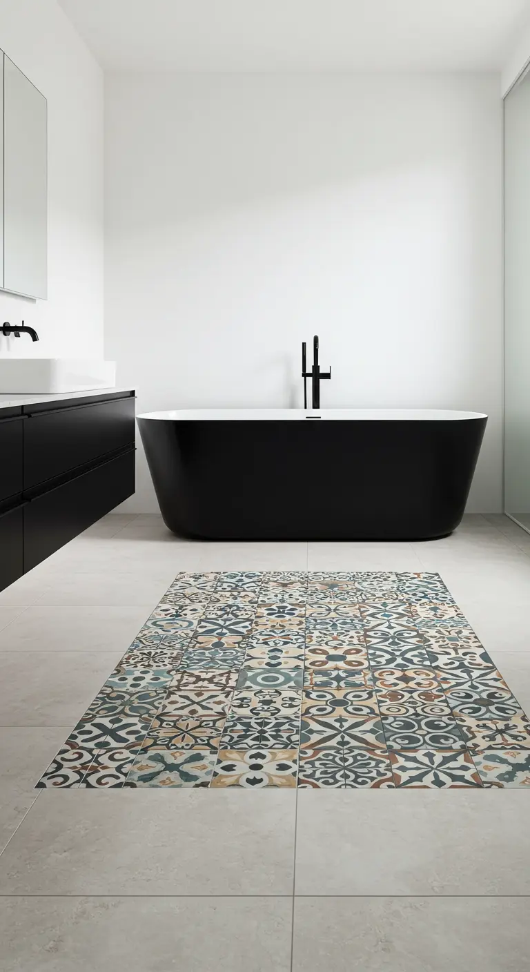 Minimalist bathroom with a patch of colorful patterned tile resembling a rug.
