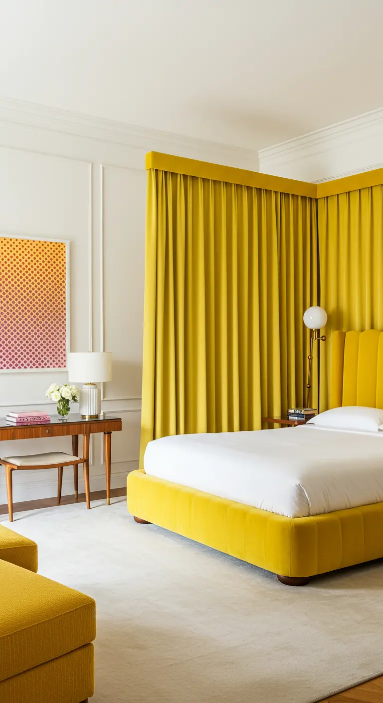 A bright yellow bed with matching yellow curtains that wrap around the corner.