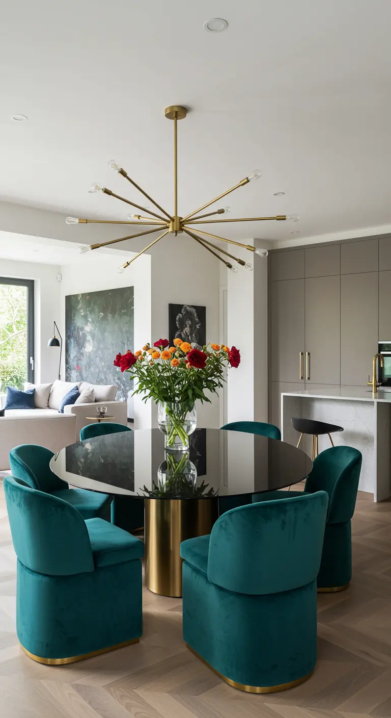 Open-concept space with a dining area defined by teal velvet chairs and a sputnik chandelier.