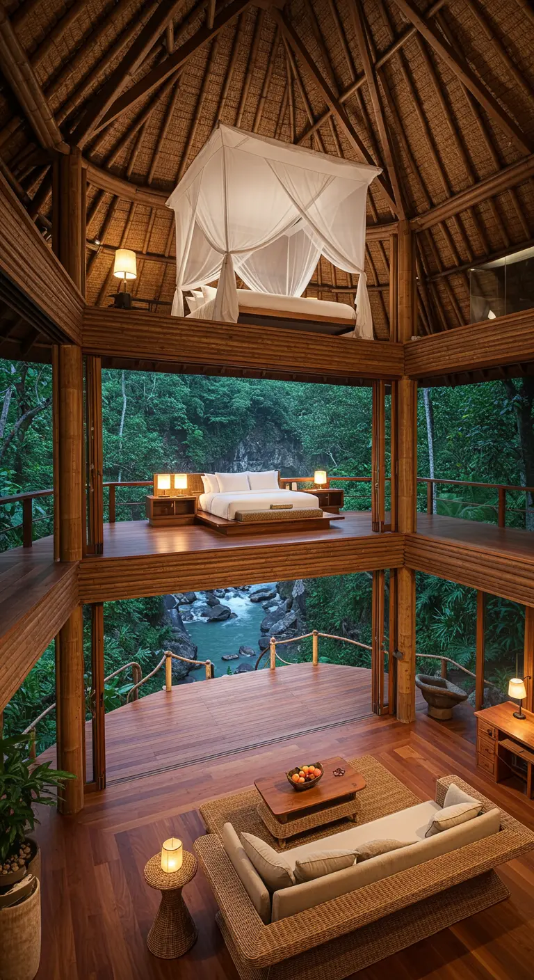 Multi-level open villa with living room, bedroom, and loft overlooking a river.