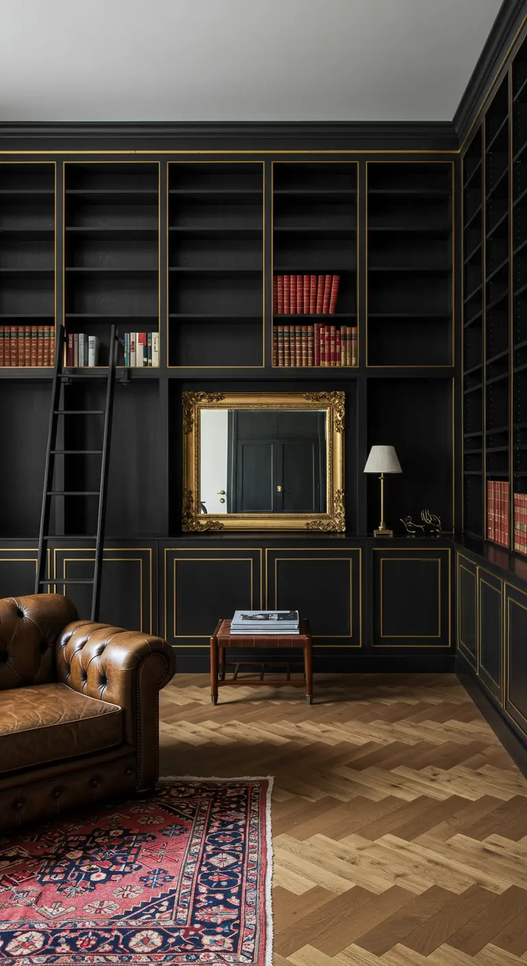 Home library with floor-to-ceiling black bookshelves detailed with gold trim.