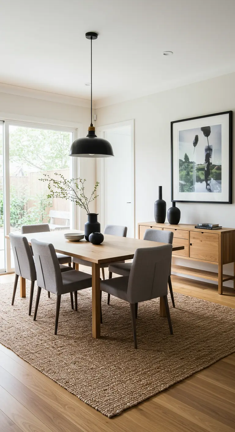A modern dining set with grey chairs on a large jute rug in a bright room.