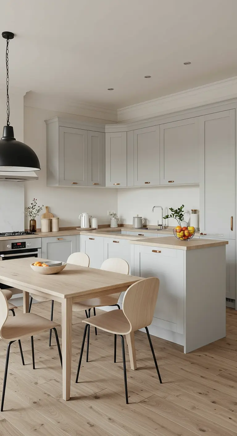 Eat-in kitchen with gray cabinets, a wood dining set, and a large black pendant light.