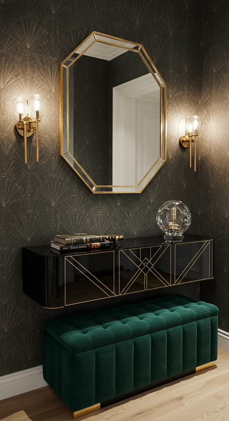 Art deco entryway with geometric wallpaper, gold mirror, and a green velvet storage bench.
