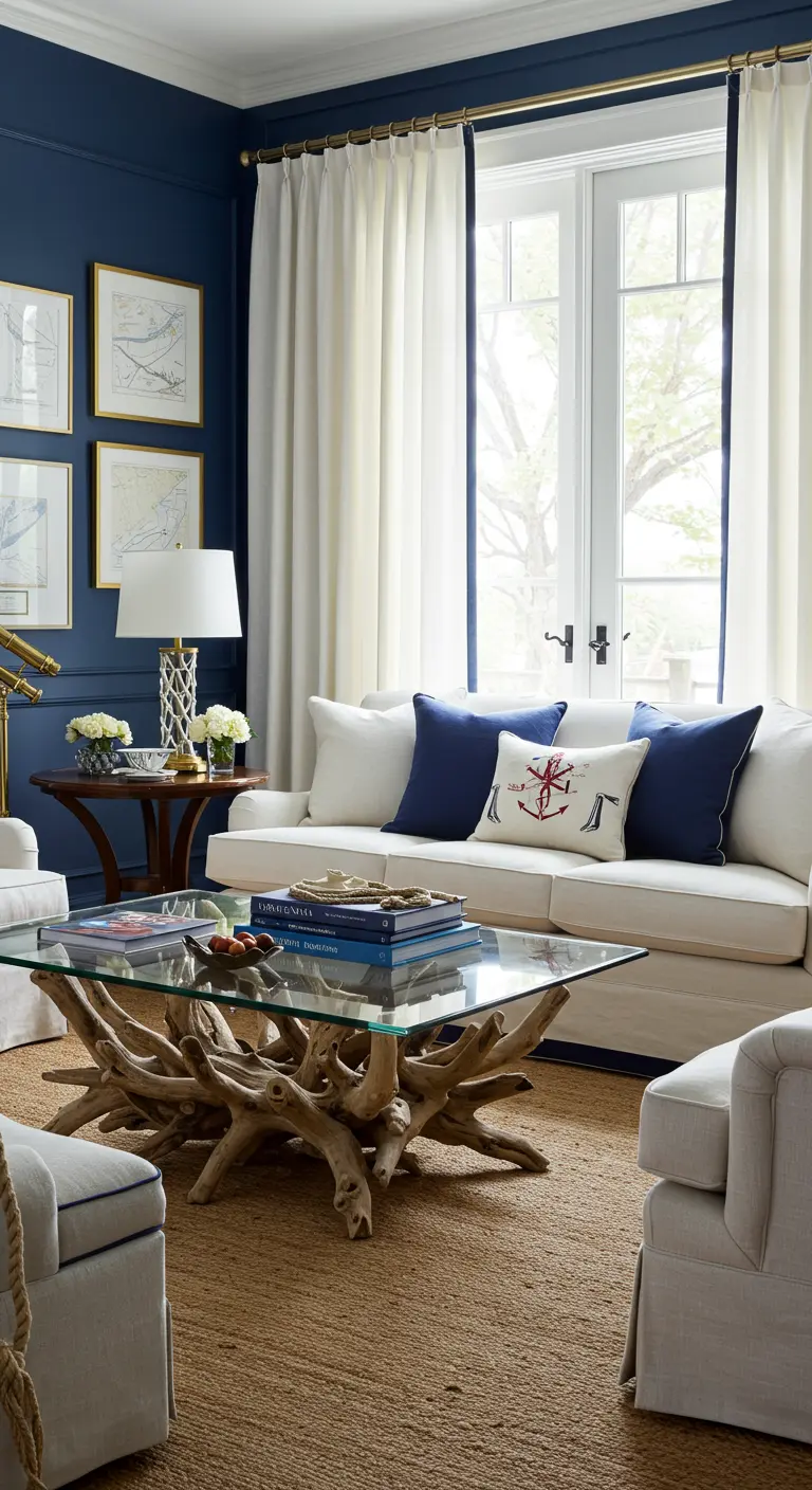 Nautical living room with navy walls, a white sofa, and white curtains with a navy border.