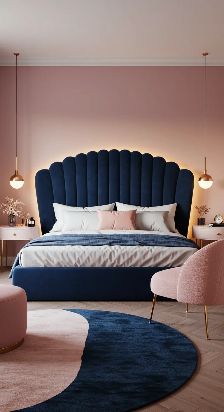 Navy velvet bed against a pink wall, with a curved rug in matching navy and pink.