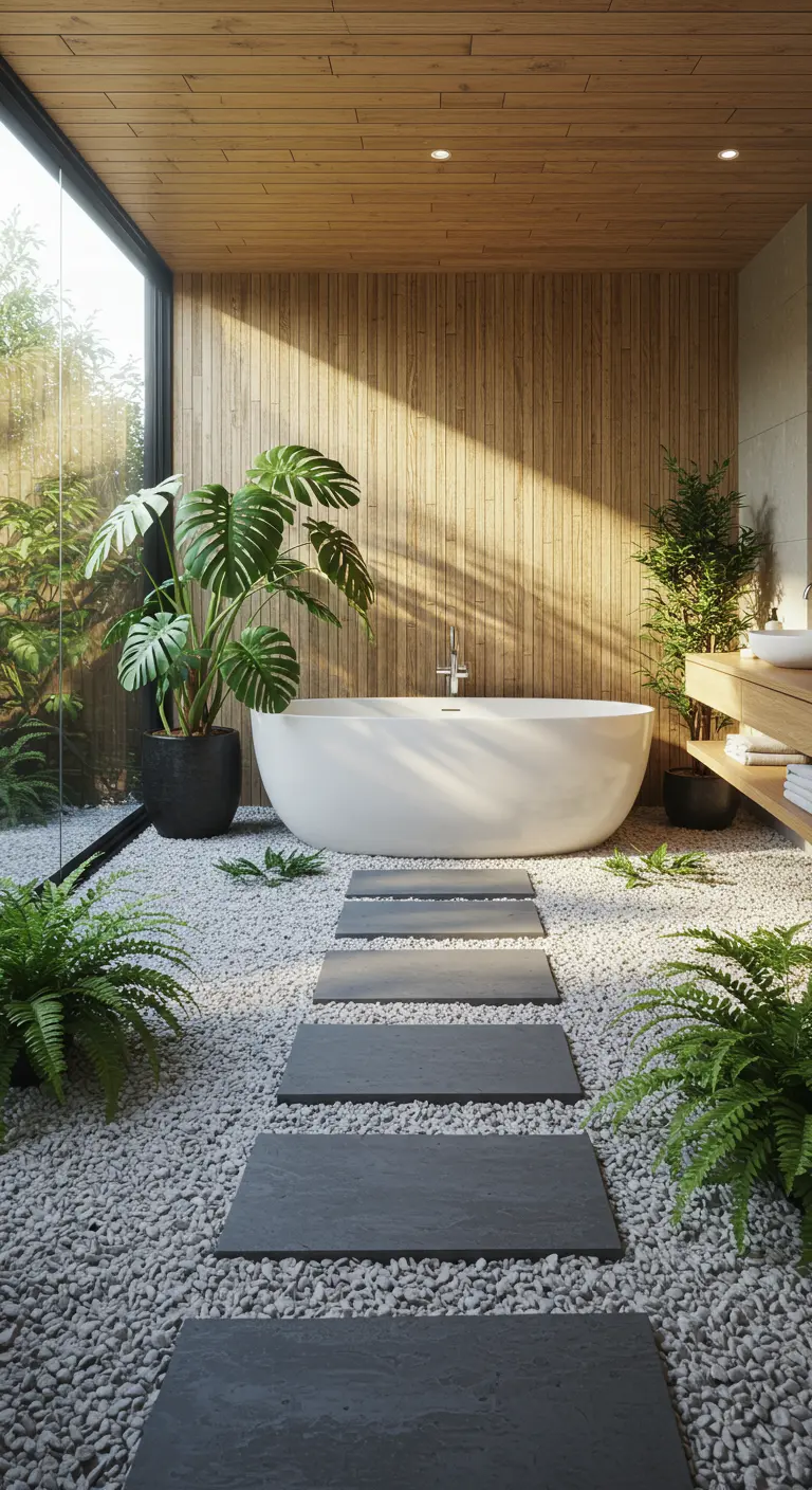 A tranquil bathroom with a slate stone path on white pebbles leading to a freestanding tub.