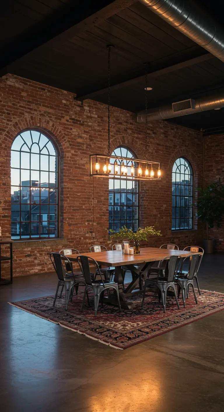 Loft dining room with red brick walls, arched windows, and a long industrial chandelier.