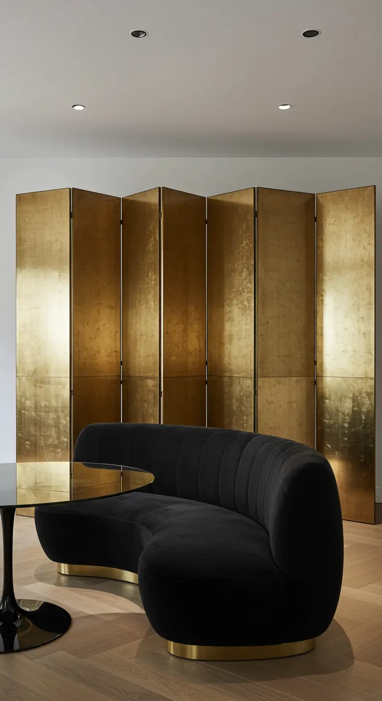 A curved black velvet banquette in front of a large, freestanding hammered gold folding screen.