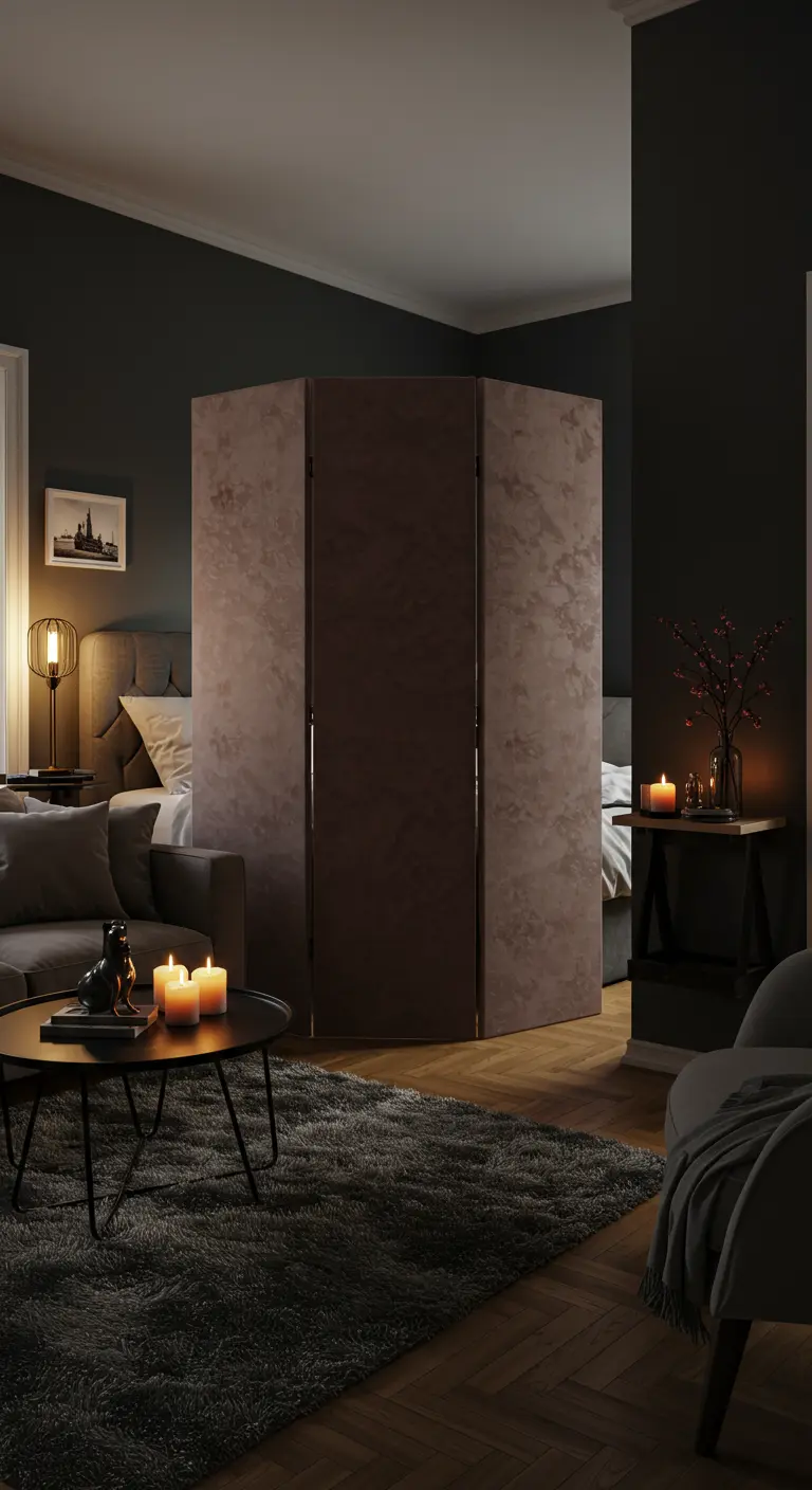 A textured folding screen separates a sleeping area from a living space in a moody room.