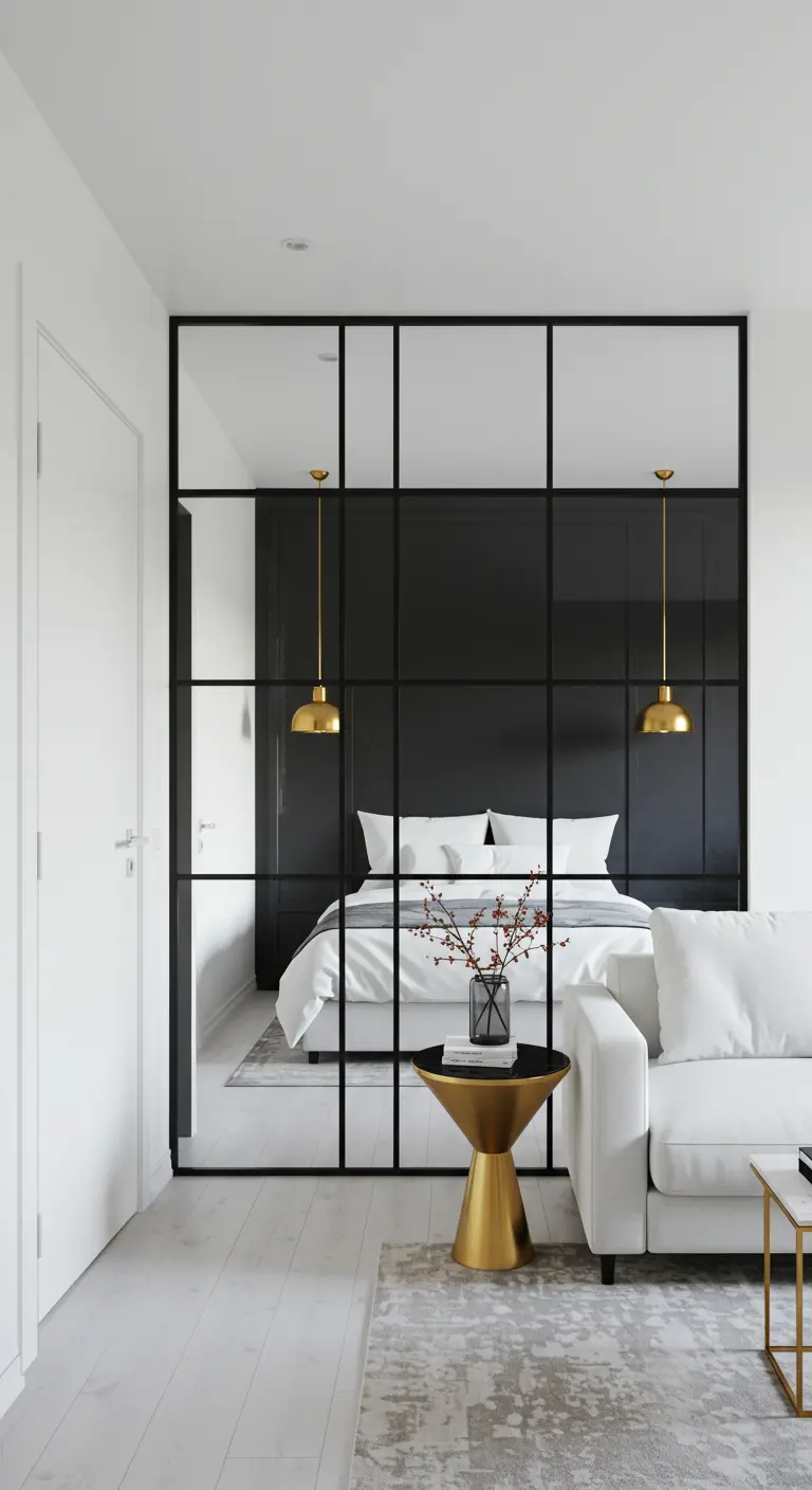 A studio apartment where a glass and black steel wall separates the bedroom from the living area.