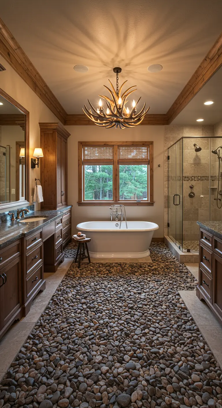 Long rustic bathroom with a central 'runner' of river rocks set into the tile floor.
