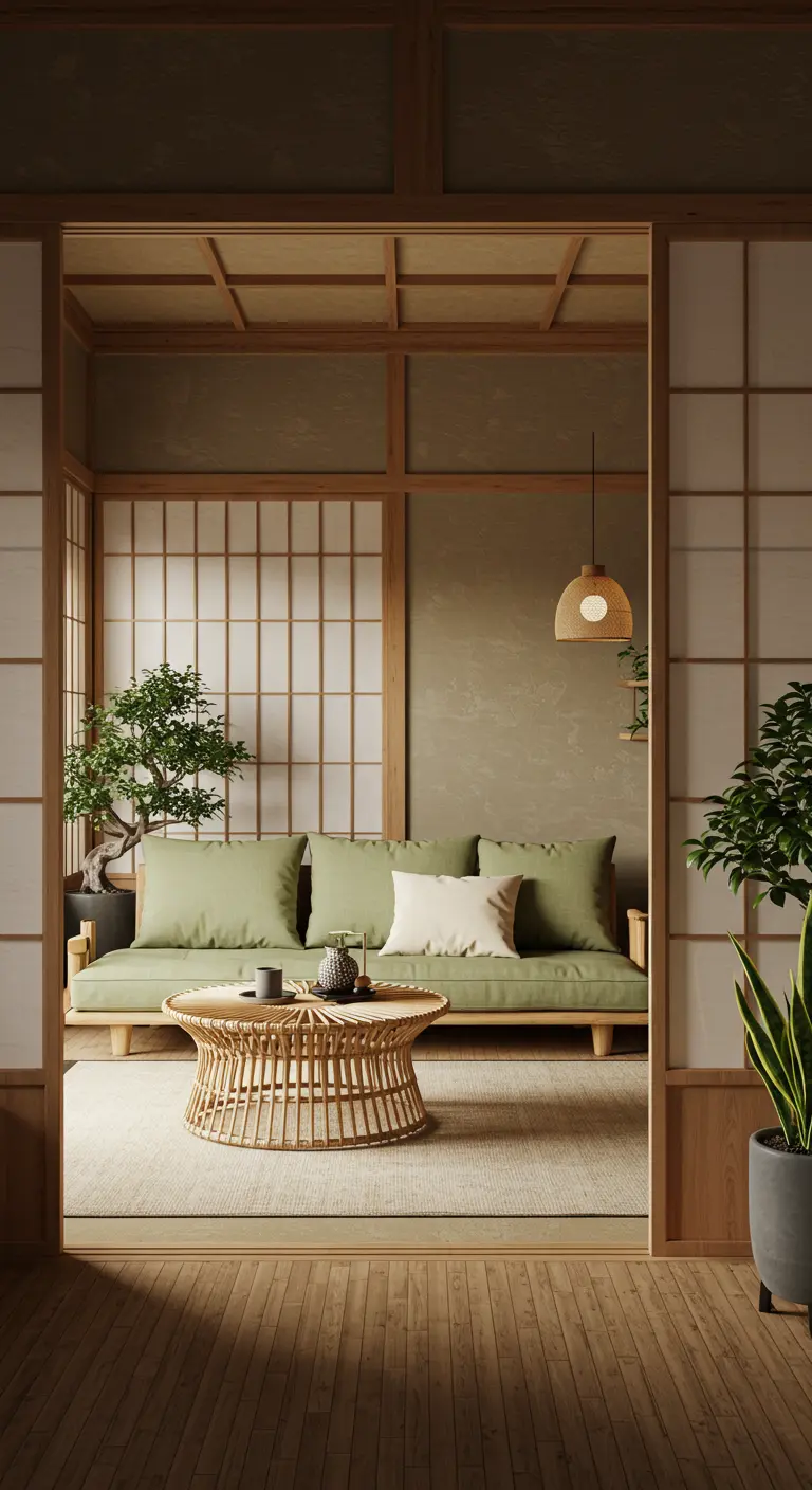 Japandi living room with shoji screens, a low wooden sofa, and a rattan coffee table.