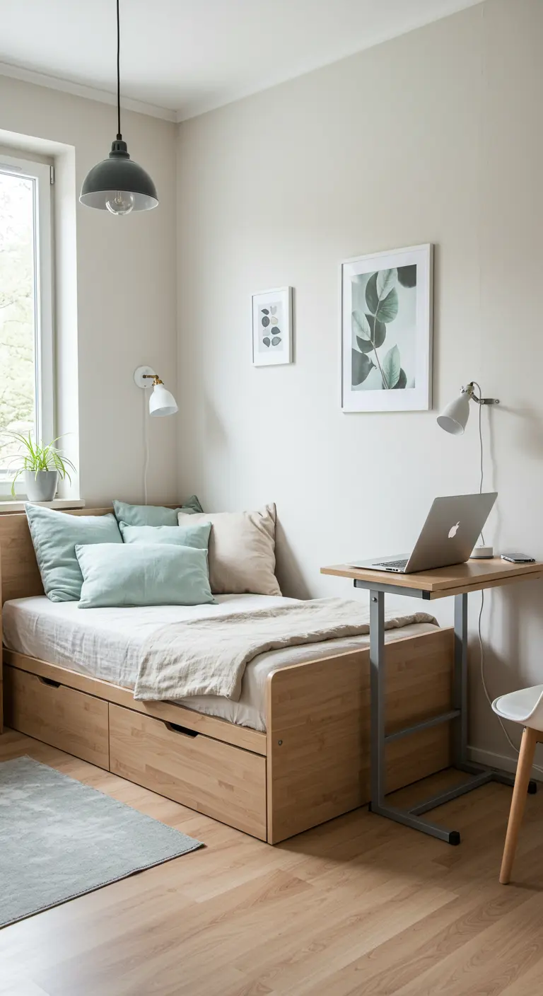 A light wood daybed with storage drawers and a small rolling laptop table.