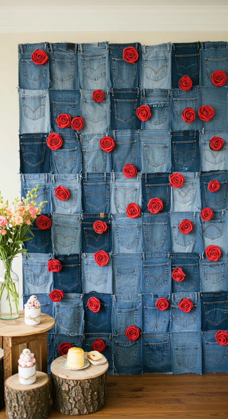 A backdrop made of a grid of blue jean pockets, each with a red rose.