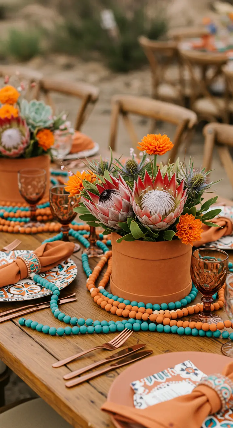 Terracotta hatbox with protea and orange flowers, surrounded by turquoise and orange bead garlands.