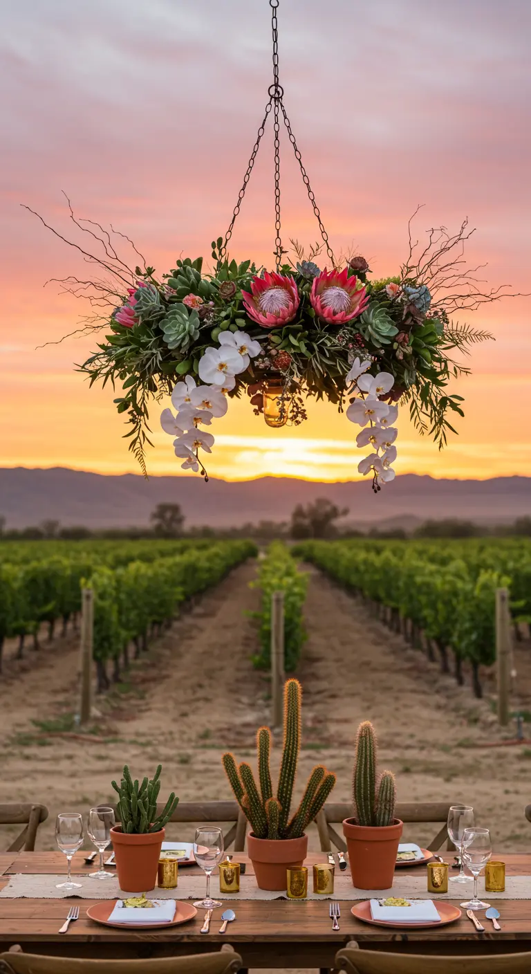 A wreath chandelier with king protea, succulents, and white orchids against a vineyard sunset.