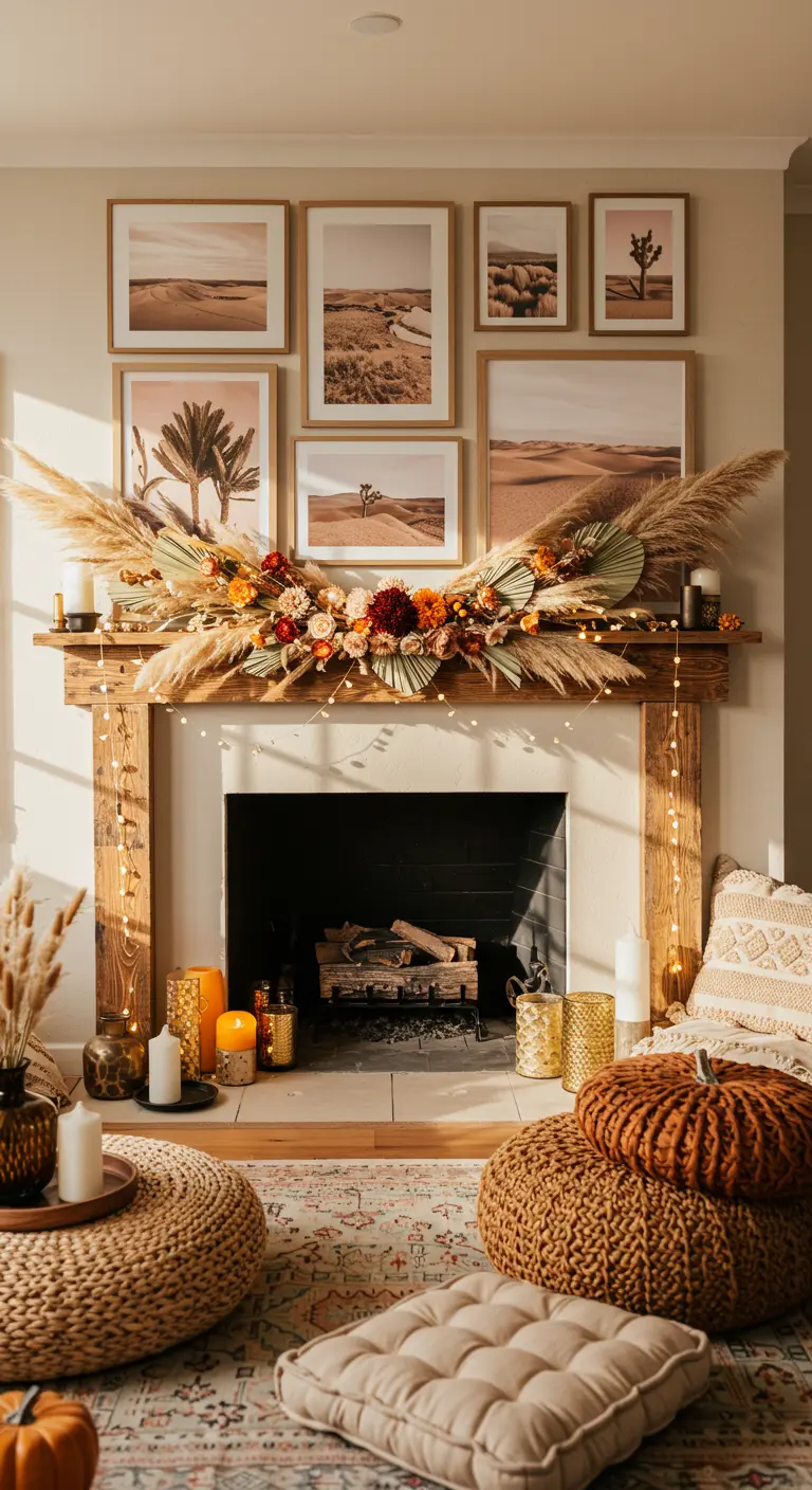Boho mantel with a pampas grass and dried floral garland, and desert art.