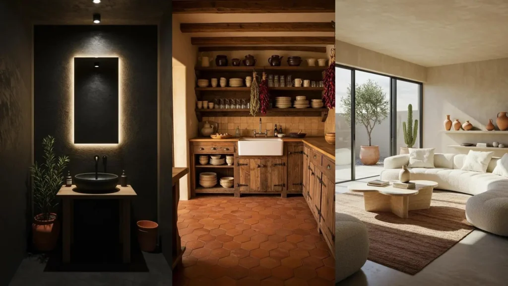 Desert-inspired interiors showcase sandy tones, natural clay pots, and sun-drenched spaces.