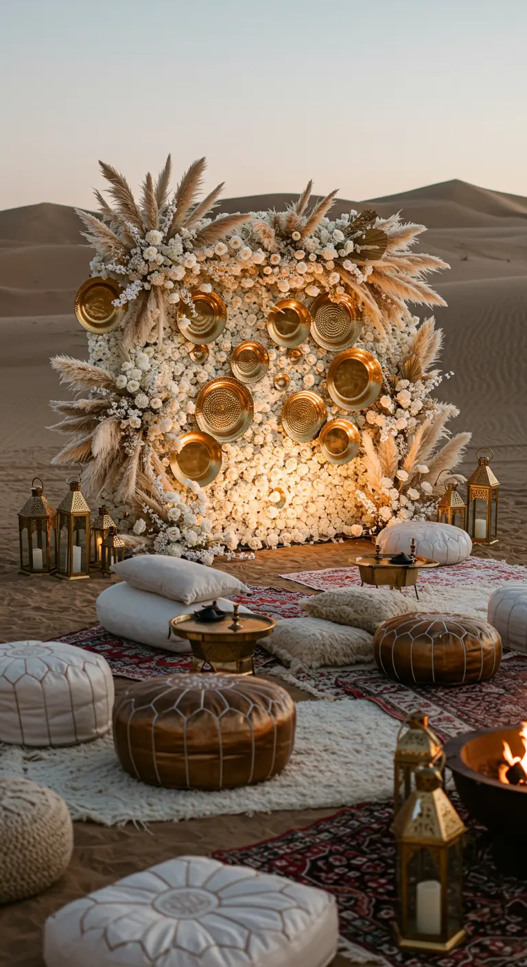 A bohemian-style flower wall with pampas grass and gold bowls in the desert, with a lounge area.