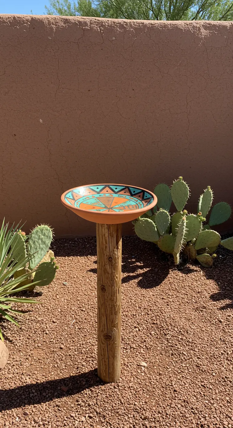 A southwestern-patterned birdbath in turquoise and orange, set in a desert garden with cacti.