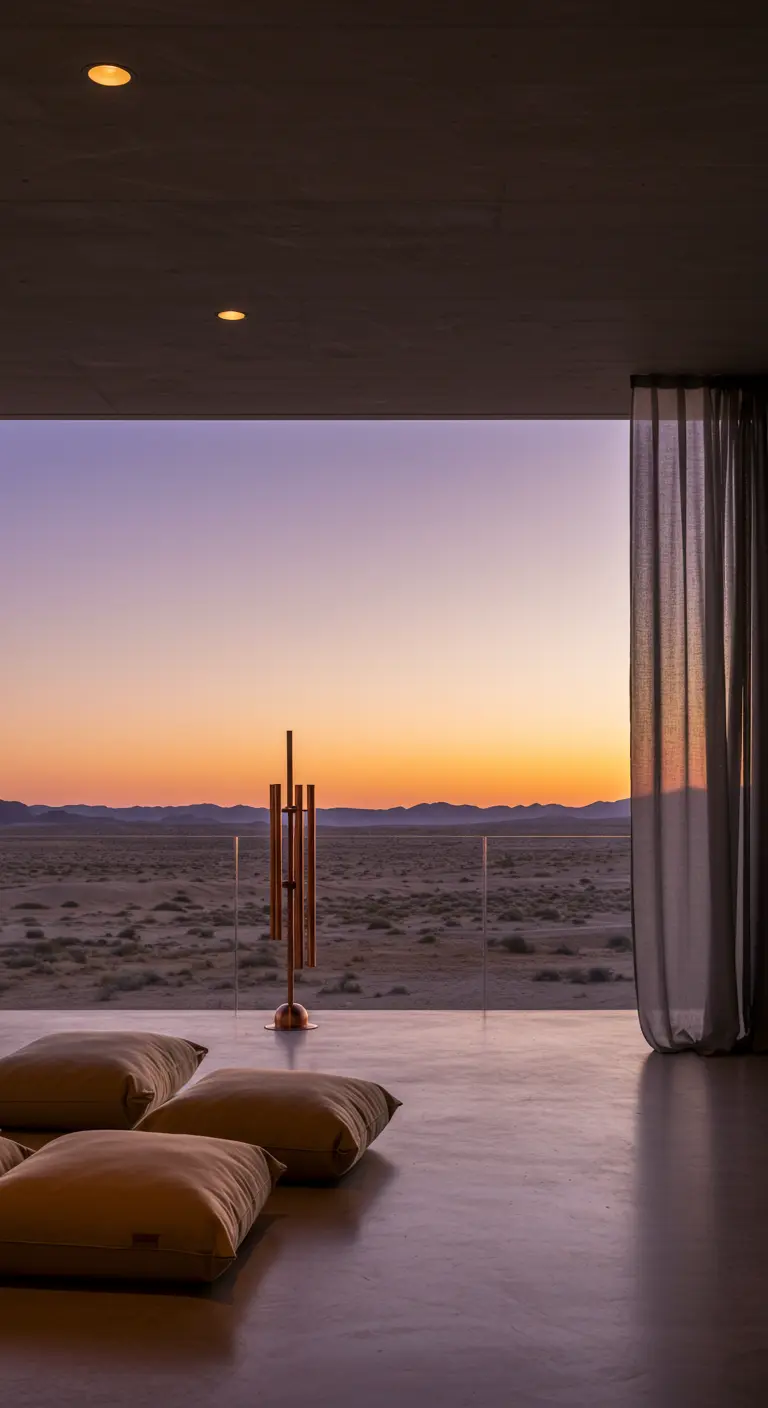 Minimalist patio with simple floor cushions and a copper wind chime overlooking the desert.