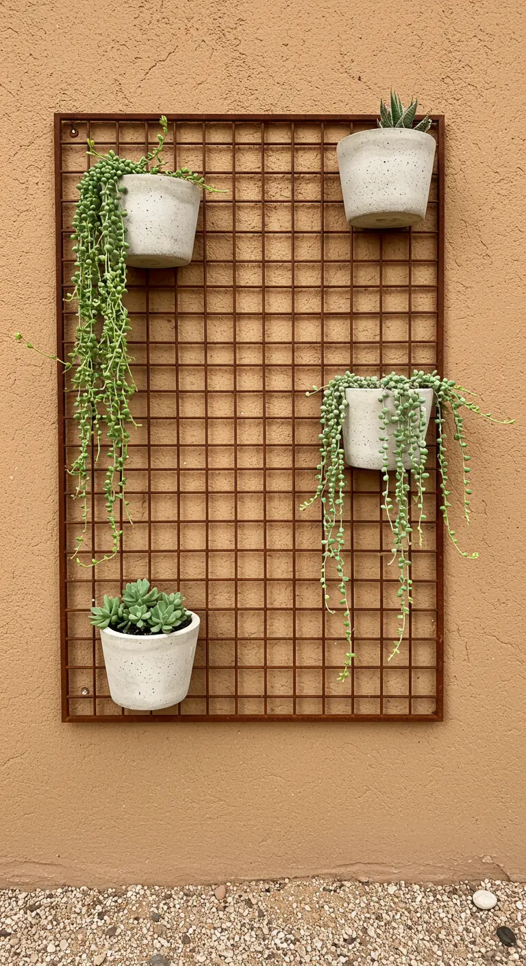 A rusted metal grid on a terracotta wall with concrete pots of succulents.