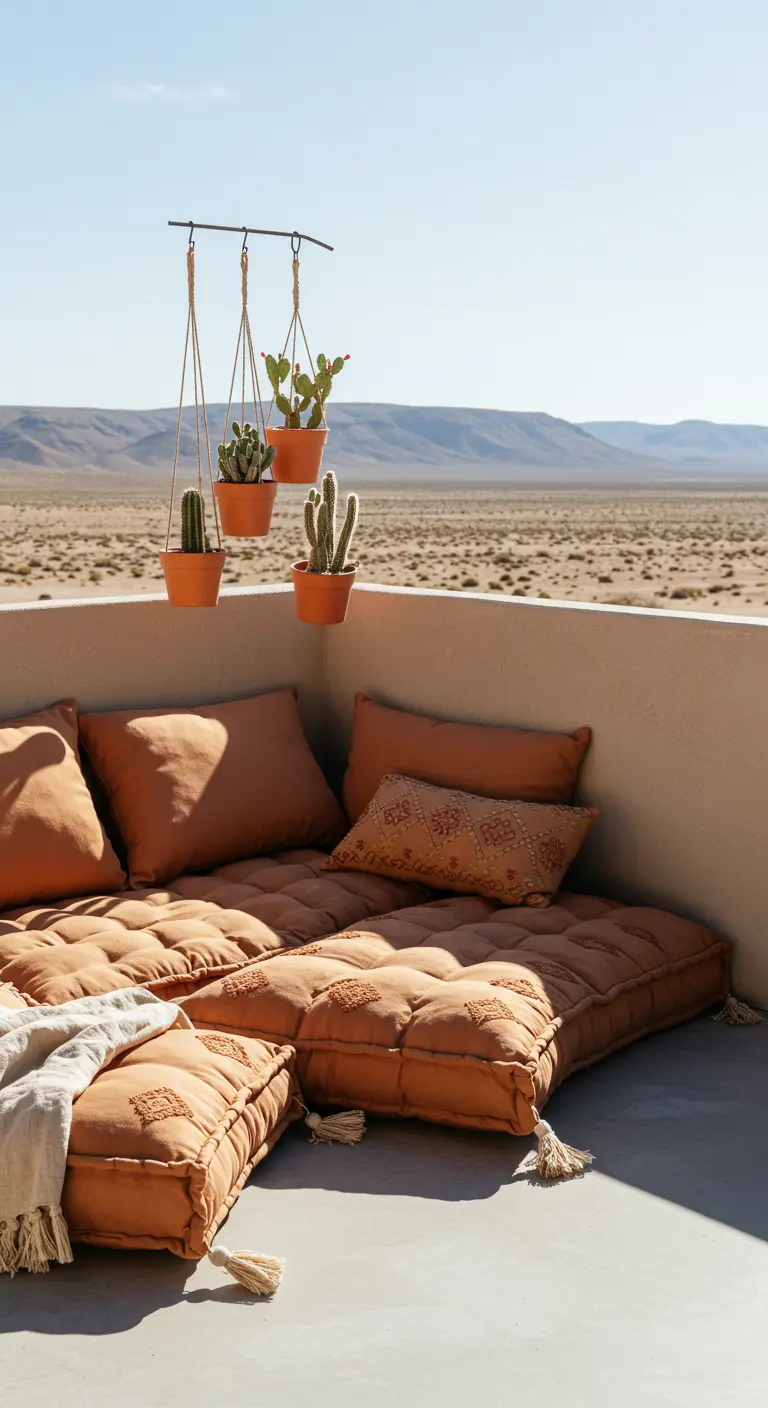 A rooftop terrace with terracotta-colored floor cushions and hanging cacti against a desert landscape.