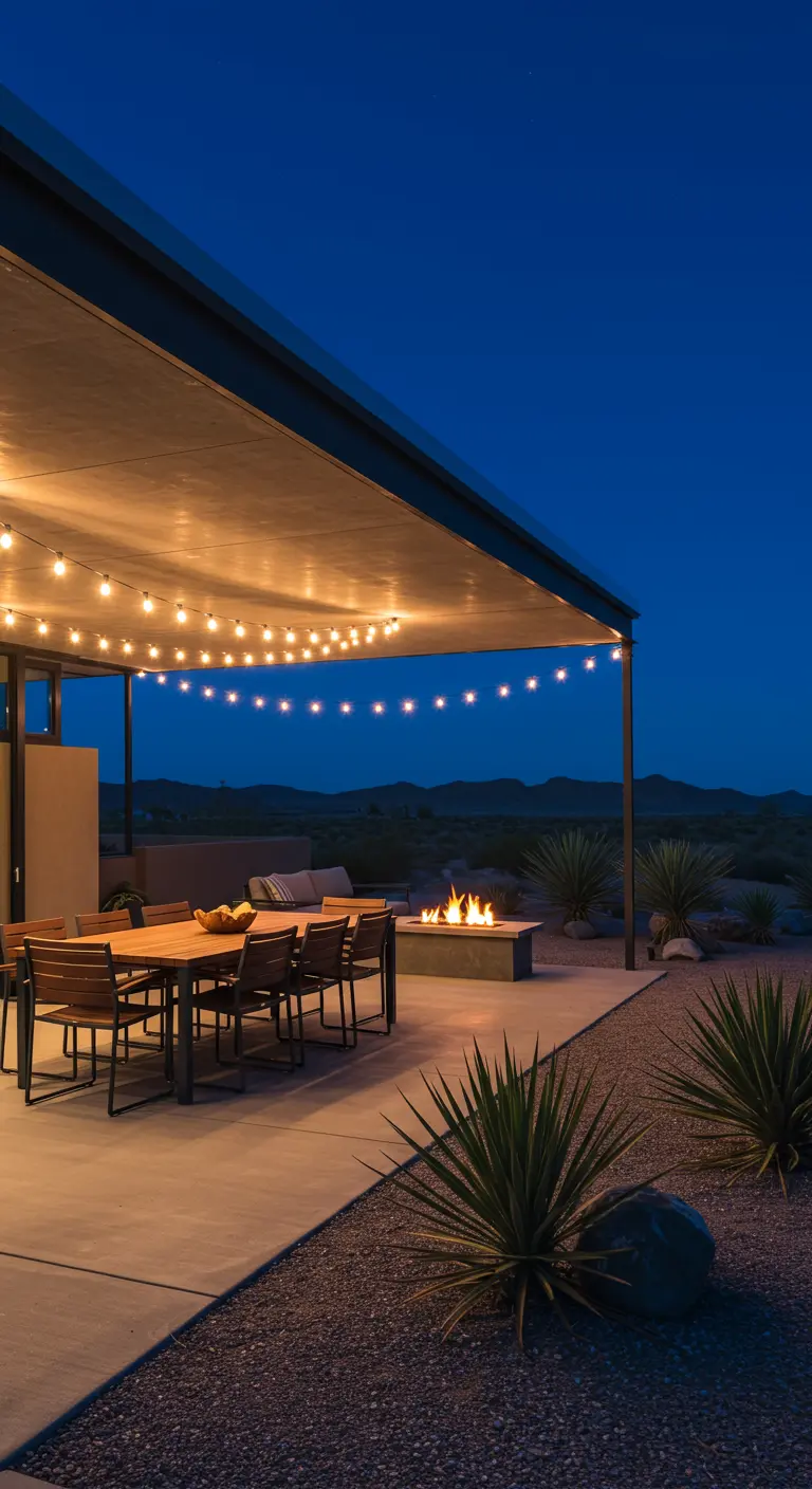 A modern desert patio with a fire pit, dining table, and yucca plants at dusk.