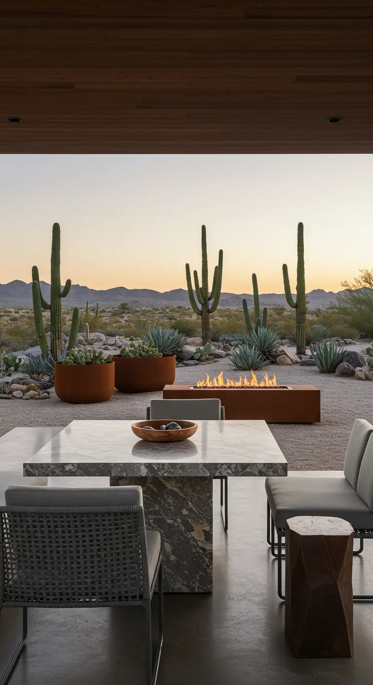 Modern desert patio with a large marble table, fire pit, and cacti in Corten steel planters.