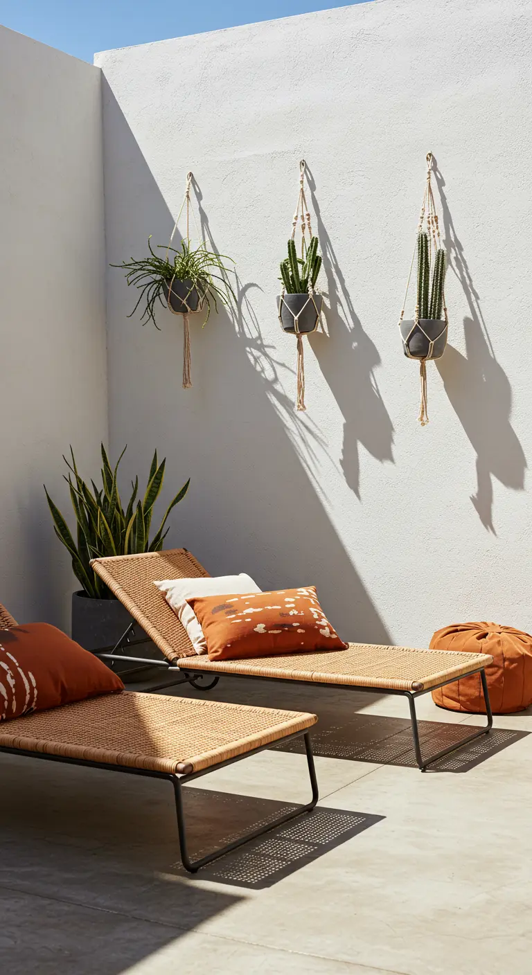 Minimalist rattan loungers against a white wall with hanging cacti in macramé.