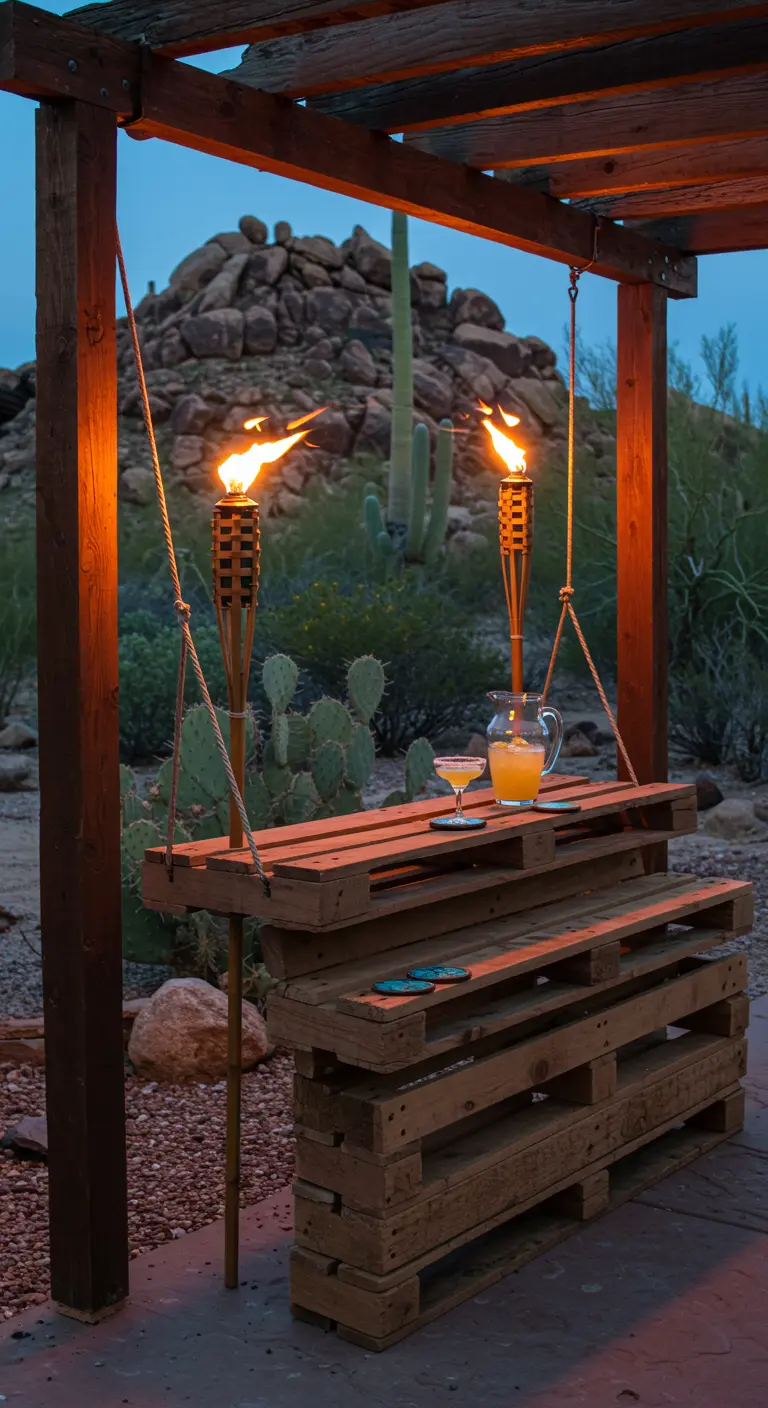 A multi-level pallet bar in a desert setting at dusk, with tiki torches and cacti in the background.