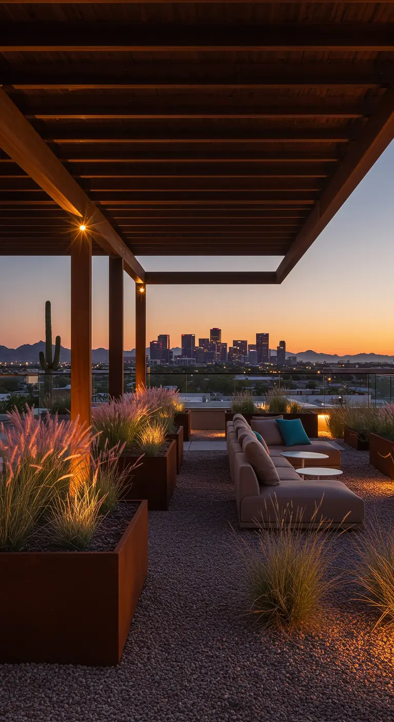 A rooftop terrace with desert landscaping, including cacti and pink muhly grass, overlooking a city.
