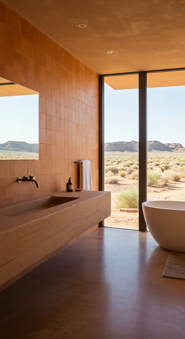 Bathroom with sand-colored stone vanity overlooking a desert landscape through a large window.