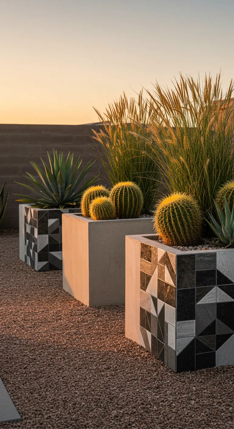 Three large concrete planters with geometric tile mosaics hold cacti and grasses at sunset.