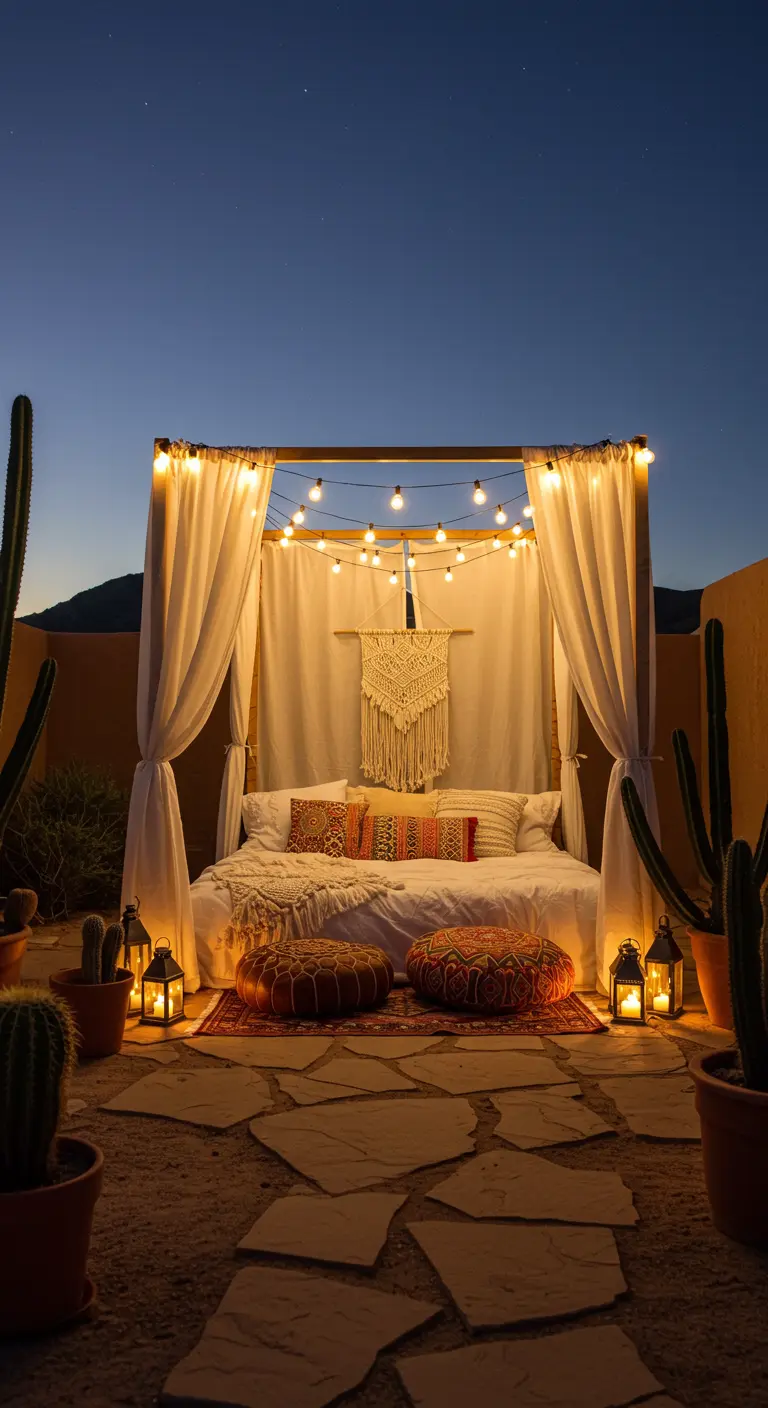 Boho-style canopy bed in a desert setting with macrame, lanterns, and cacti.