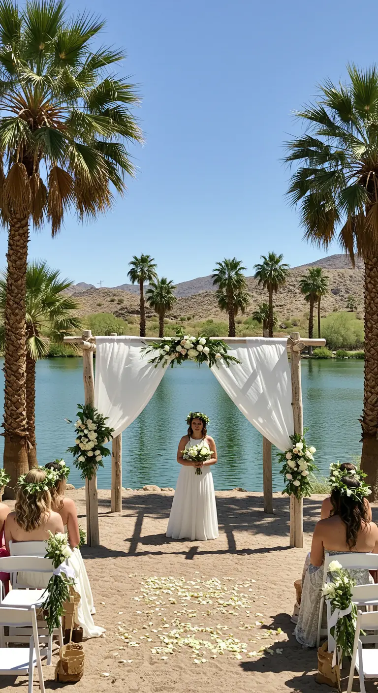 A bride stands under a lakeside birch wedding arch draped in white fabric.