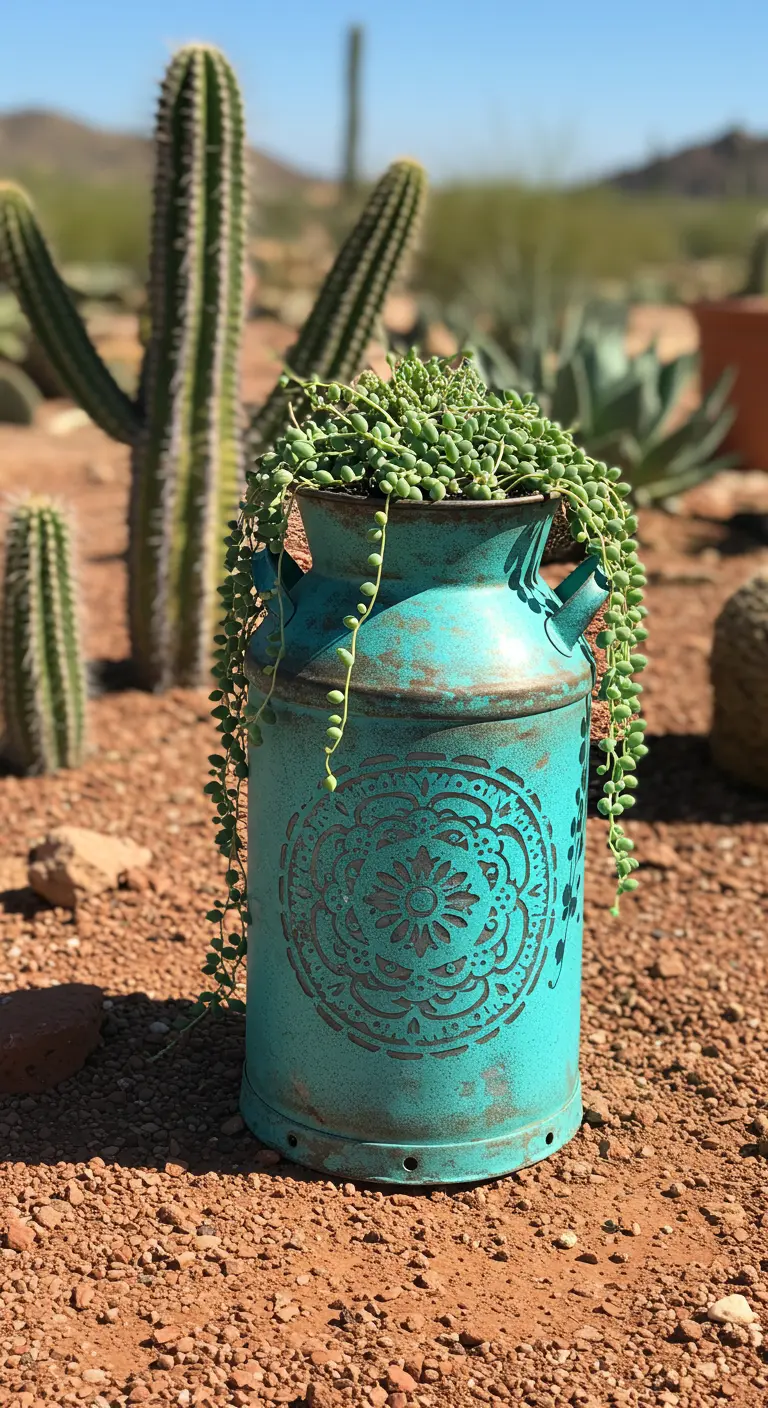 A weathered turquoise milk can with a dark stencil holds a cascading 'String of Pearls' succulent.