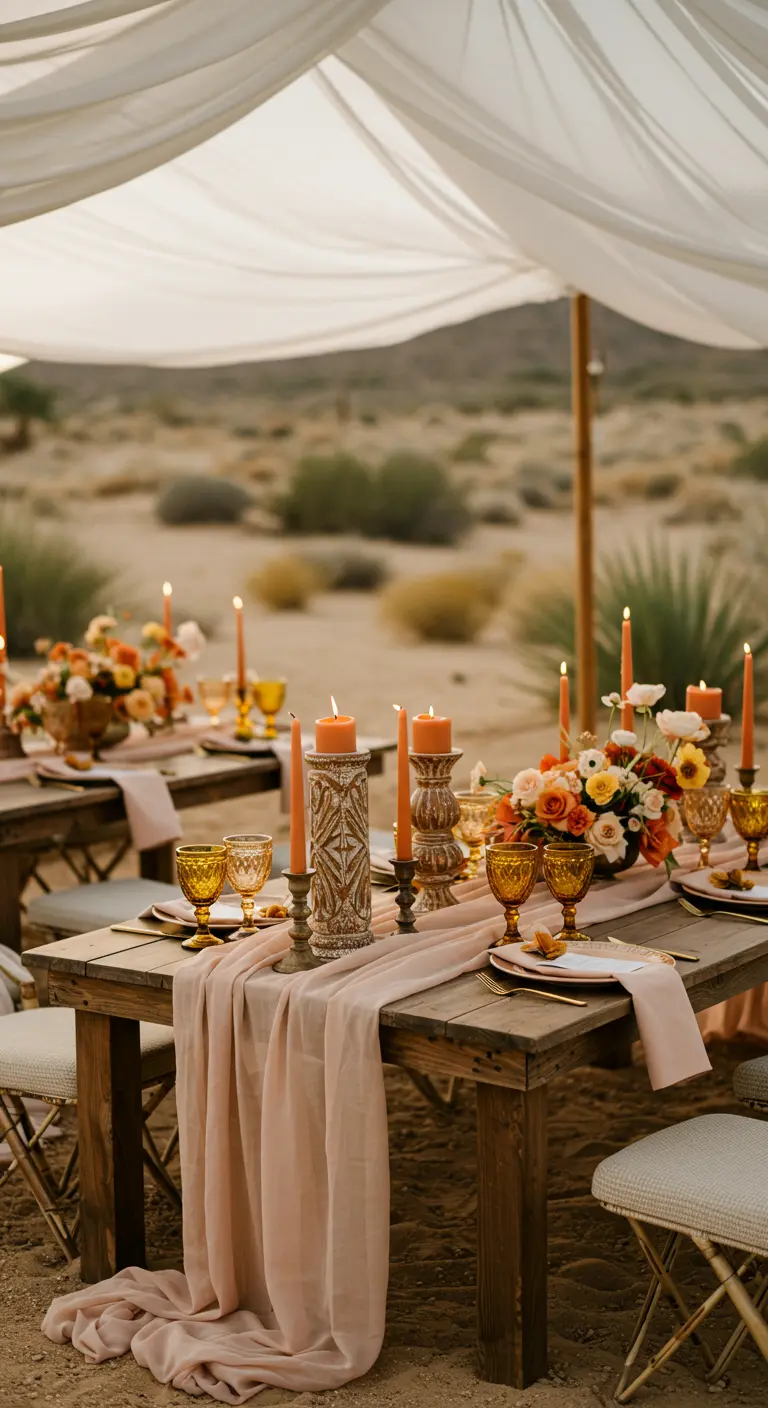 A rustic table in the desert with a terracotta-toned runner, amber glassware, and orange candles.