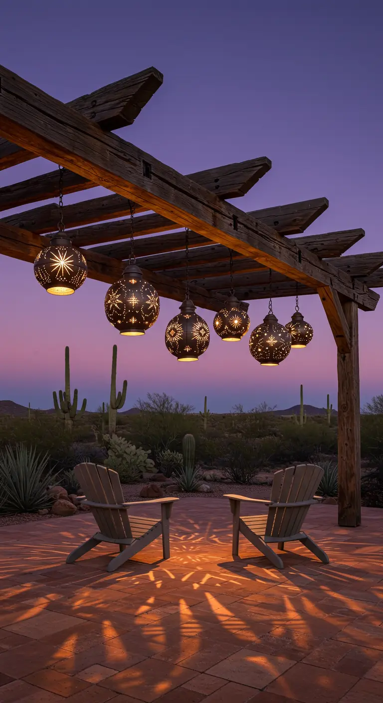 Two Adirondack chairs under a pergola with star-patterned lanterns in a desert landscape.