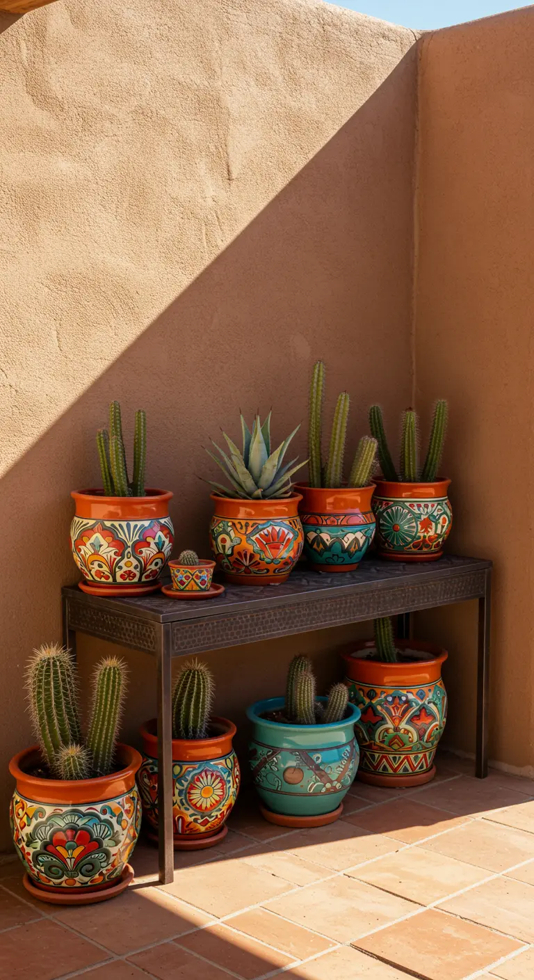 Hand-painted Southwestern planters with various cacti on a metal console table.