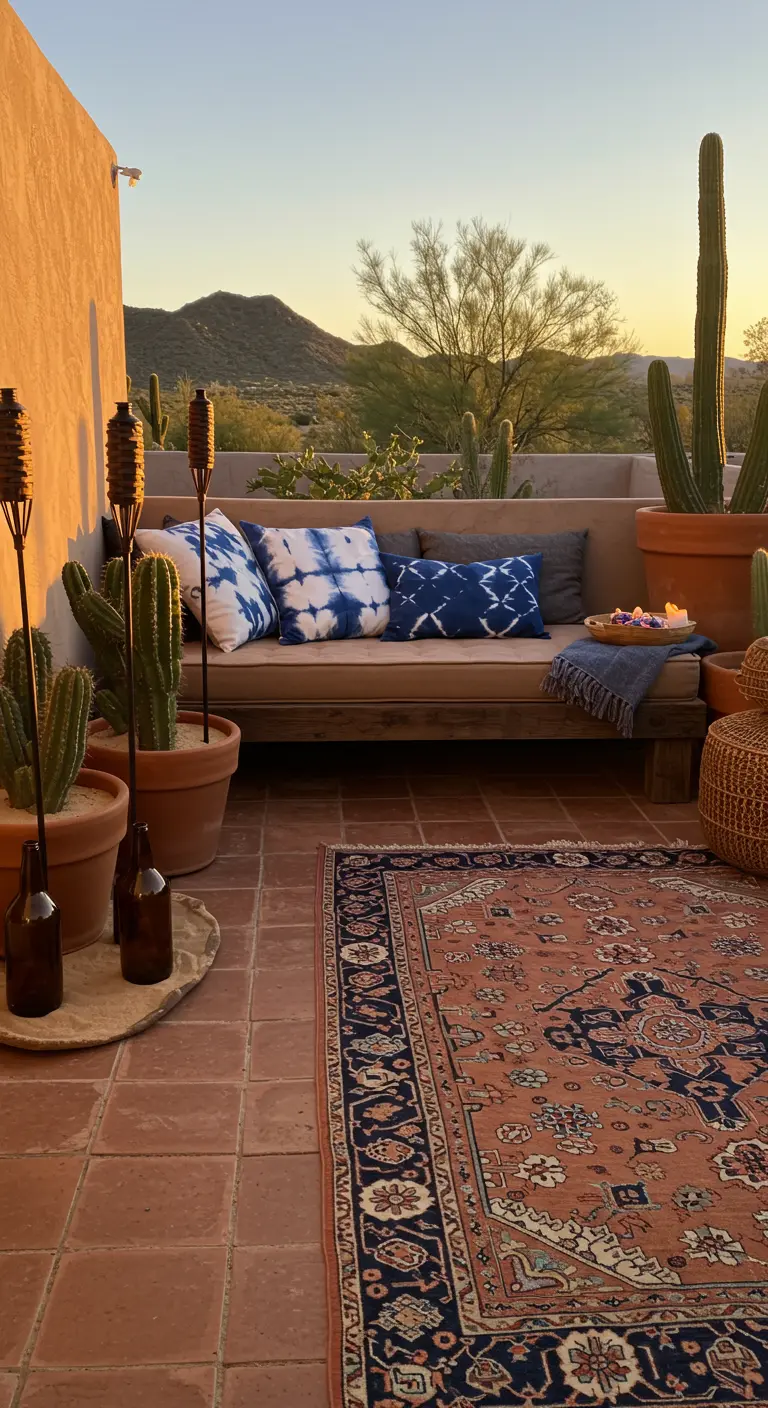 A terracotta-tiled patio with cacti, a sofa, and amber bottle torches at sunset.