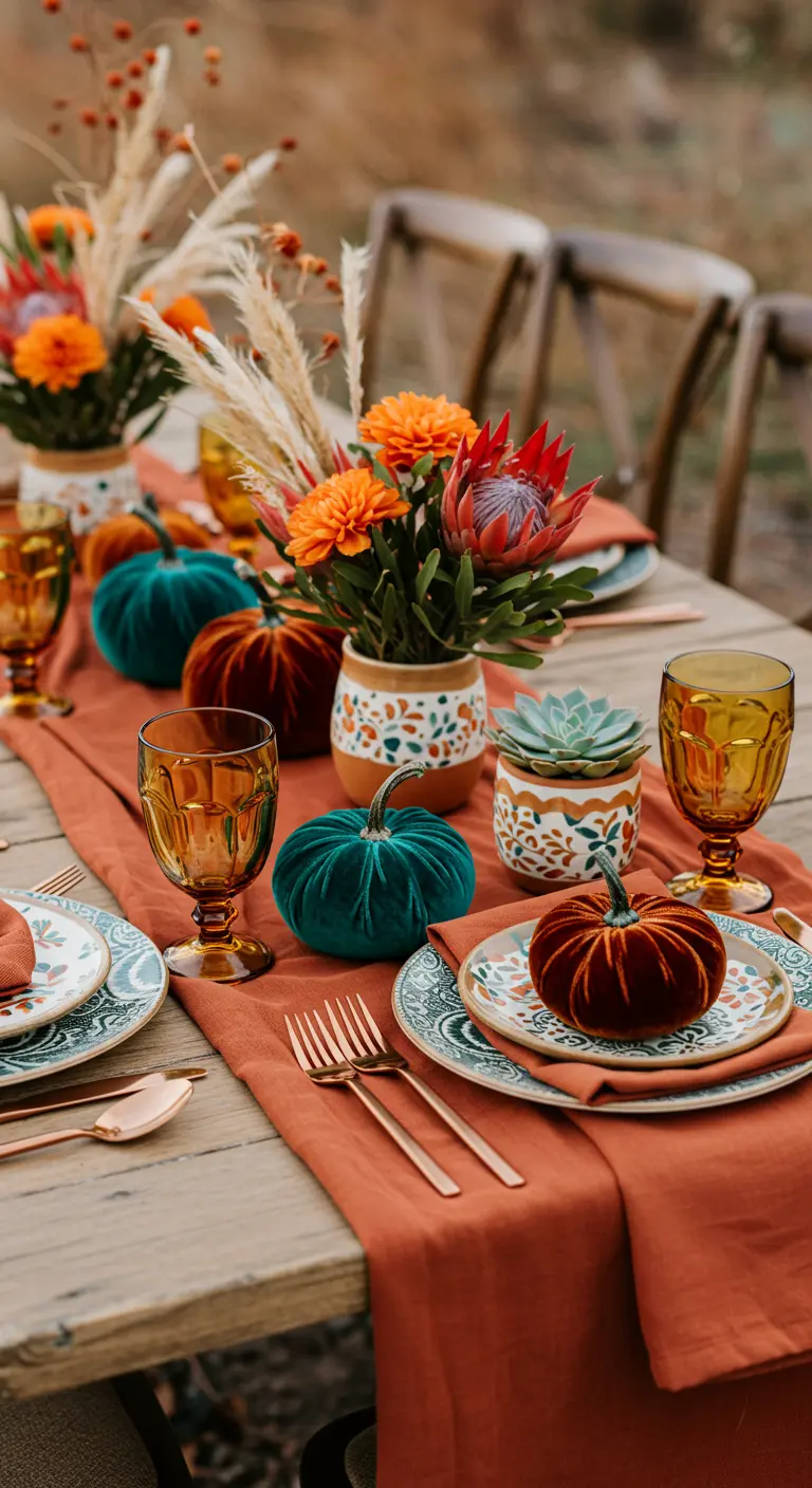 Boho fall table with teal and rust velvet pumpkins and desert-inspired florals.