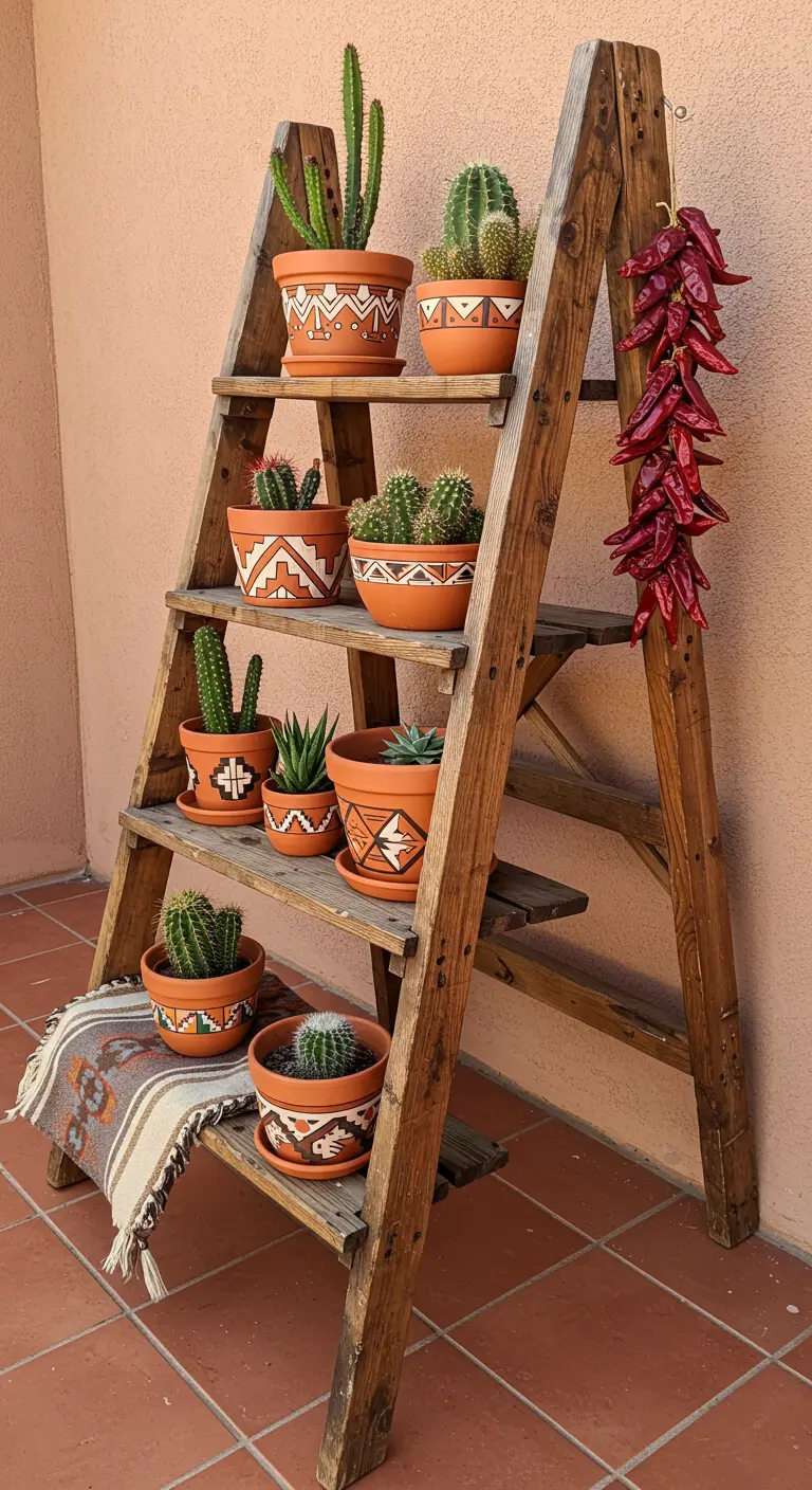A rustic ladder displaying a variety of cacti in painted terracotta pots with a Southwestern feel.