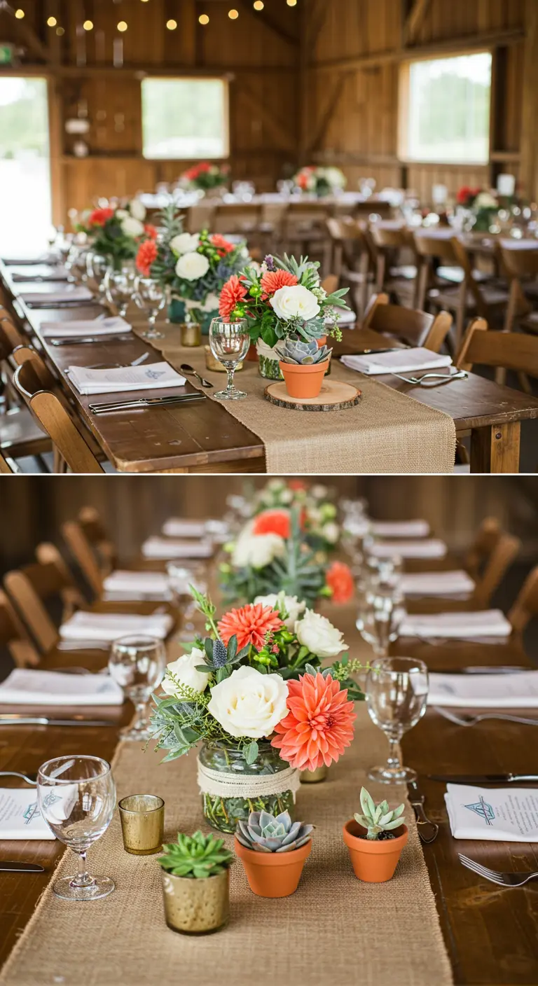 Centerpieces combining coral dahlias and small potted succulents on burlap.